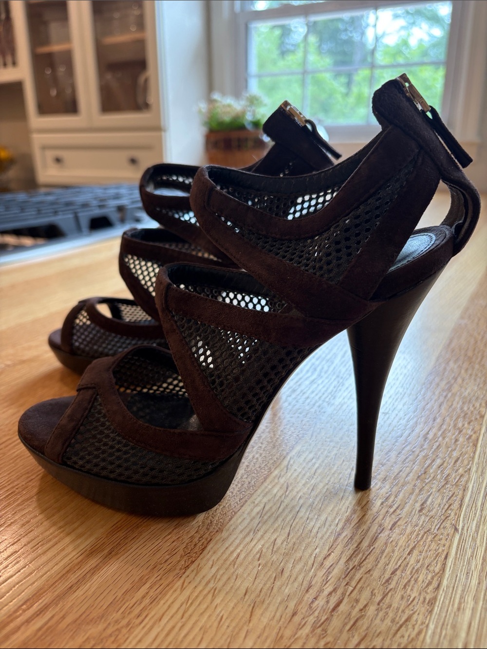 Fendi Brown Mesh & Suede Platform Stiletto Sandals 37 1/2